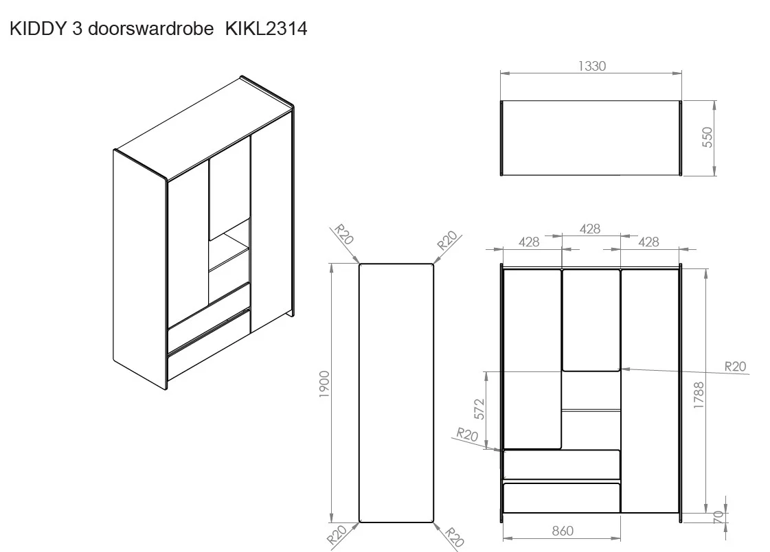 Jaxx 3-delige babykamer (bed + commmode met verlengstuk + kast met 3 deuren) Kiddy wit - Image 12
